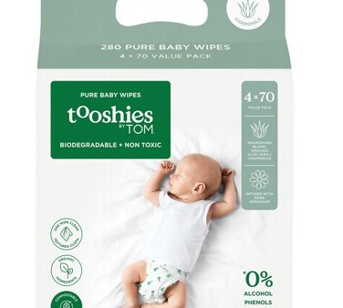 Tooshies By Tom Pure Baby Wipes Pure Baby Wipes - Value Pack Aloe Vera & Chamomile 4x70 on Sale